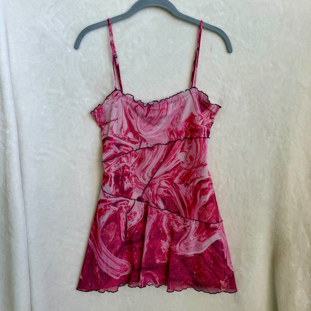 Urban Outfitters Pink Marble Babydoll Slip Dress Size Small Mesh Ruffle Hem
